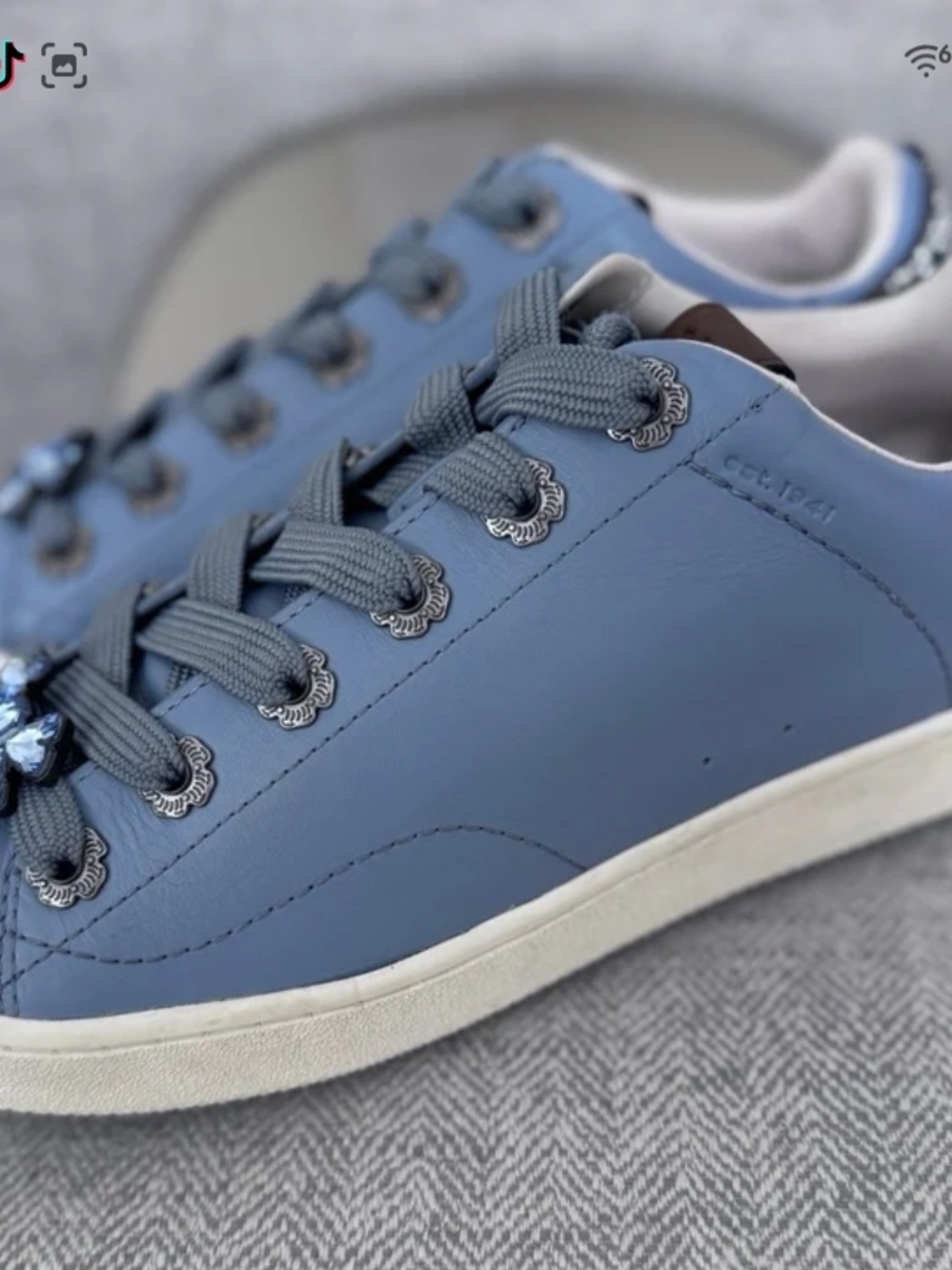 Coach Women Blue Rhinestone Embellished Leather Sneakers/ Crystal Bow Accent 10B - Picture 9 of 16